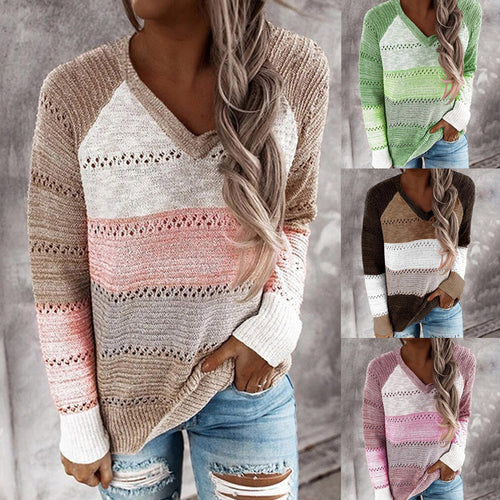 Damen Strickpullover mit V‑Ausschnitt, lockerem Oversize‑Schnitt und Ajour‑Muster – Mavelle