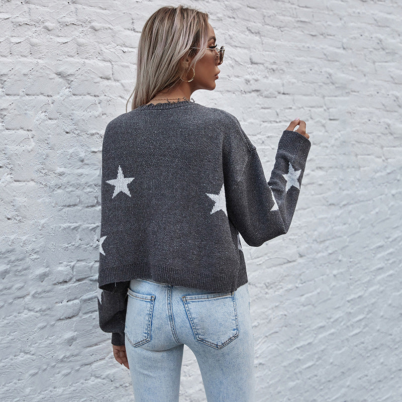 Damen Kurzgeschnittener V‑Ausschnitt Strickcardigan mit Sternen‑Jacquard und Fransenbesatz – Veloura