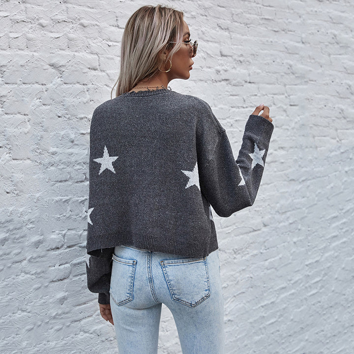 Damen Kurzgeschnittener V‑Ausschnitt Strickcardigan mit Sternen‑Jacquard und Fransenbesatz – Veloura