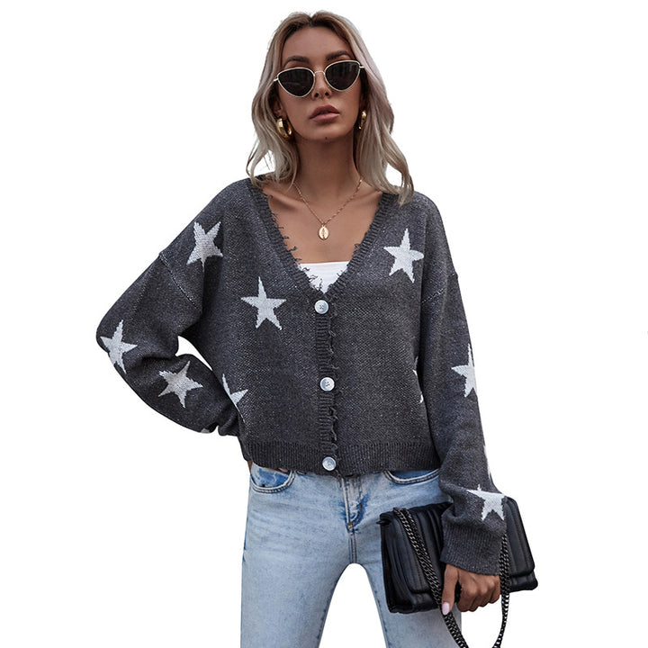 Damen Kurzgeschnittener V‑Ausschnitt Strickcardigan mit Sternen‑Jacquard und Fransenbesatz – Veloura