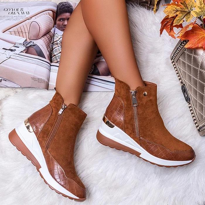Damen Sportliche Keilabsatz-Sneaker-Stiefelette mit Kroko-Prägung und seitlichem Reißverschluss – Névara