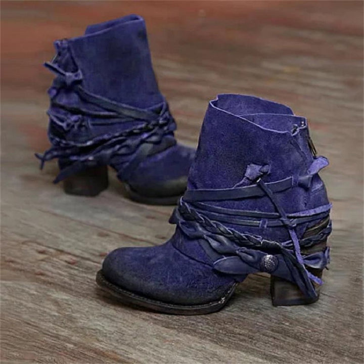 Damen nan Vintage Western-Ankleboots aus Veloursleder mit geflochtenen Riemendetails und praktischem Fersenreißverschluss Echo Archiv