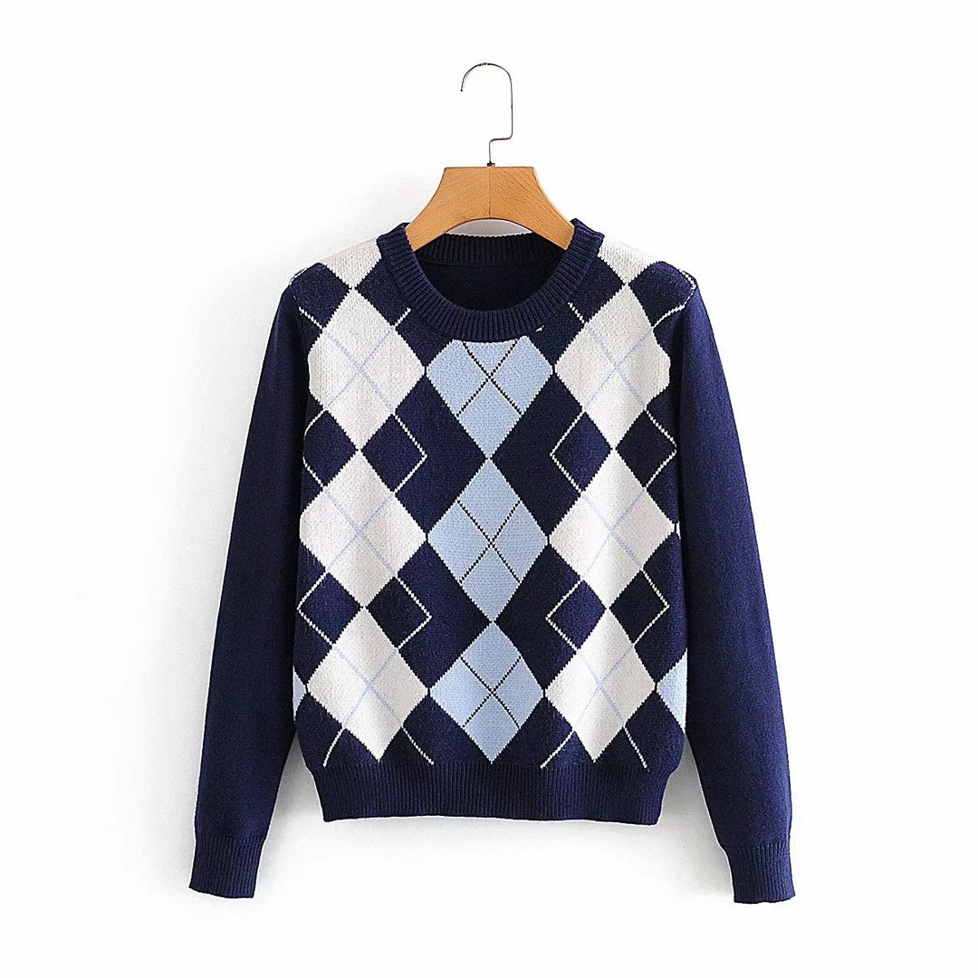 Damen nan Argyle Strickpullover mit Rundhalsausschnitt und geripptem Bund Echo Archiv