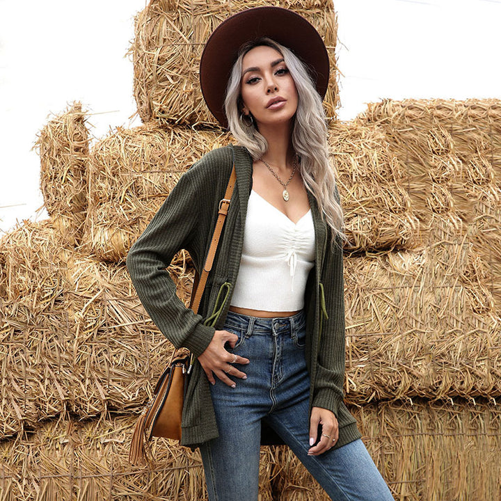 Damen Longline Feinstrickcardigan mit Tunnelzug, Rippstruktur und Eingrifftaschen Echoarchiv