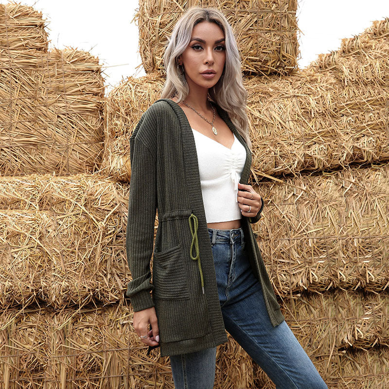 Damen Longline Feinstrickcardigan mit Tunnelzug, Rippstruktur und Eingrifftaschen Echoarchiv