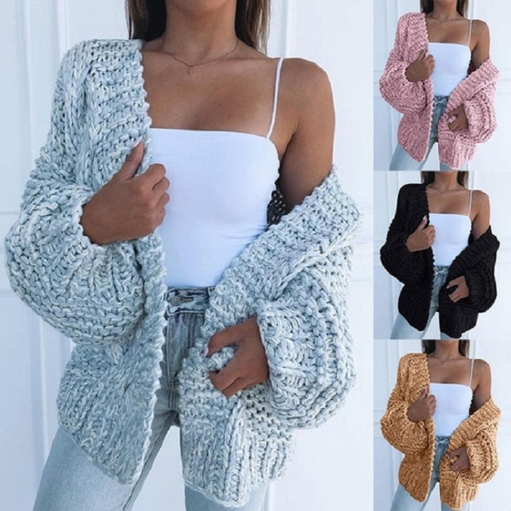 Damen Oversized Grobstrick-Cardigan mit Balloon-Ärmeln und offener Front Echo Archiv