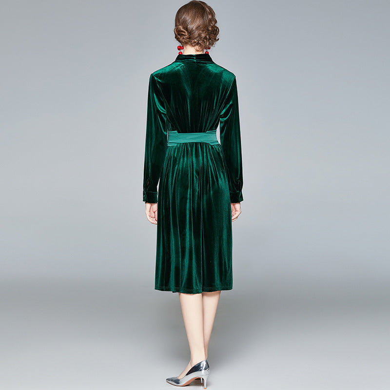 Damen Samt-Midikleid mit Stehkragen und tailliertem Bindegürtel – Élara