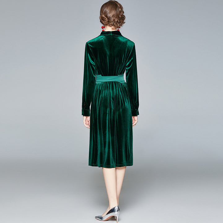Damen Samt-Midikleid mit Stehkragen und tailliertem Bindegürtel – Élara