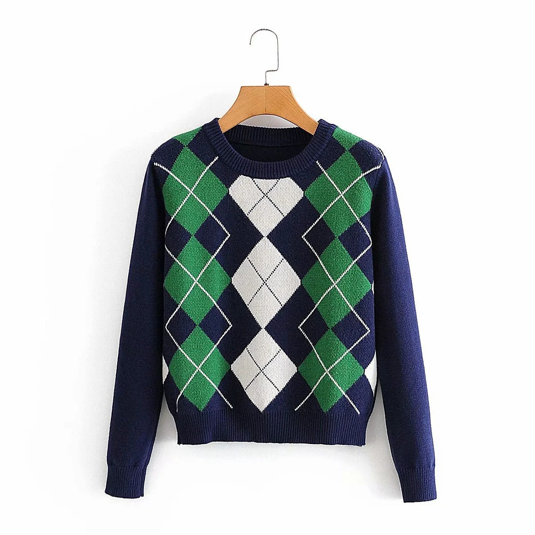 Damen Argyle Strickpullover mit Rundhalsausschnitt und geripptem Bund – Mavelle