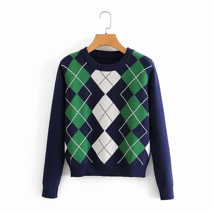 Damen nan Argyle Strickpullover mit Rundhalsausschnitt und geripptem Bund Echo Archiv