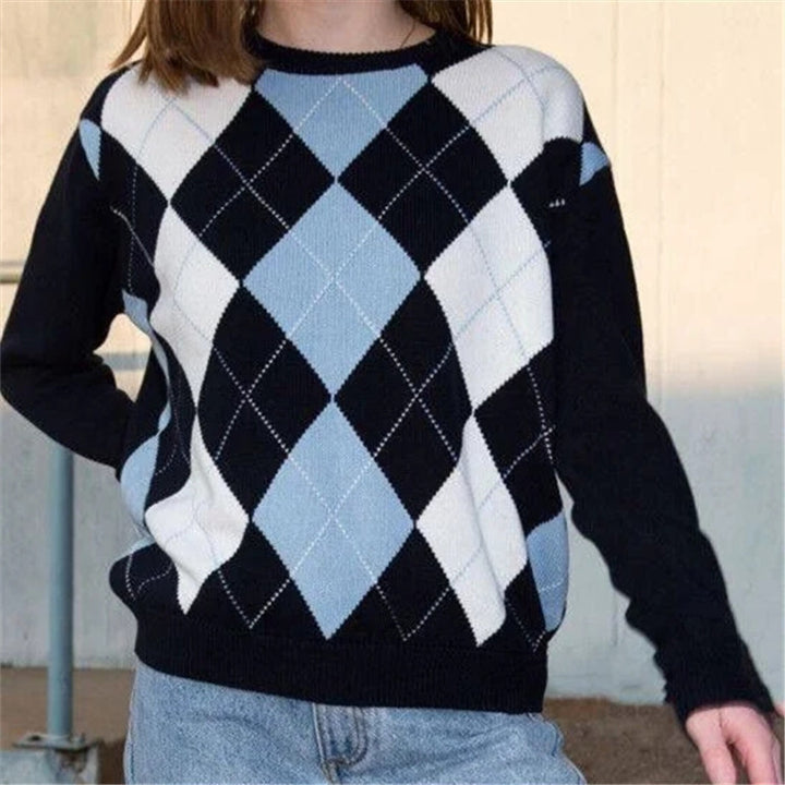 Damen nan Argyle Strickpullover mit Rundhalsausschnitt und geripptem Bund Echo Archiv