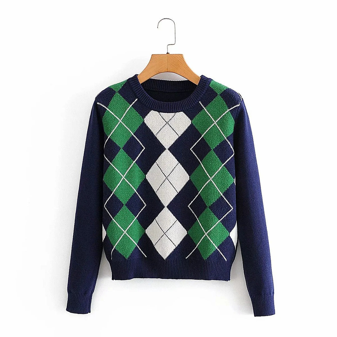 Damen nan Argyle Strickpullover mit Rundhalsausschnitt und geripptem Bund Echo Archiv