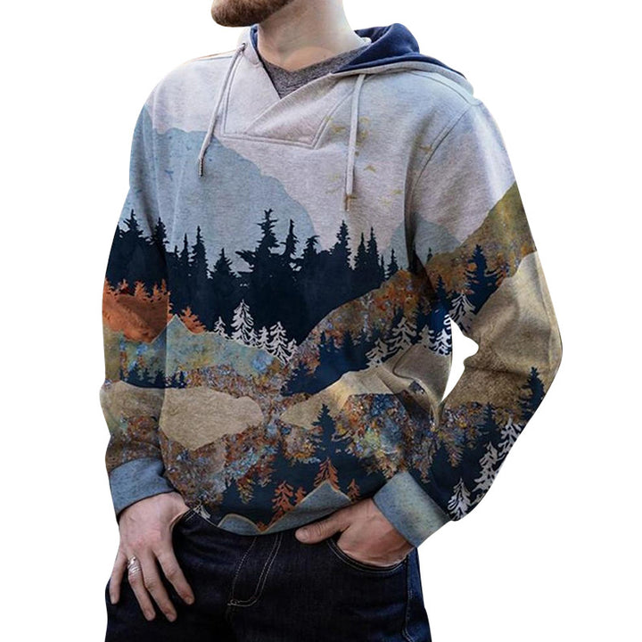 Herren geräumiger Kapuzenpullover mit großflächigem Bergwald-Print und Kängurutasche Echoarchiv