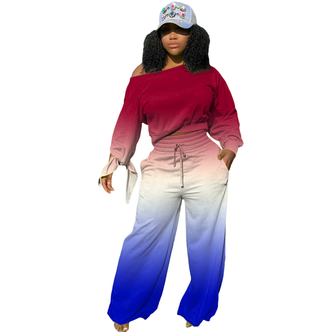 Damen Zweiteiliges Lounge-Set mit Off-Shoulder Crop-Sweatshirt, Bindärmeln und High‑Waist Palazzohose – Élanora