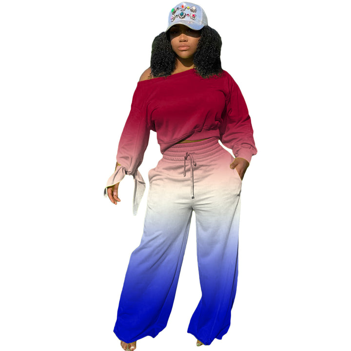 Damen Zweiteiliges Lounge-Set mit Off-Shoulder Crop-Sweatshirt, Bindärmeln und High‑Waist Palazzohose – Élanora