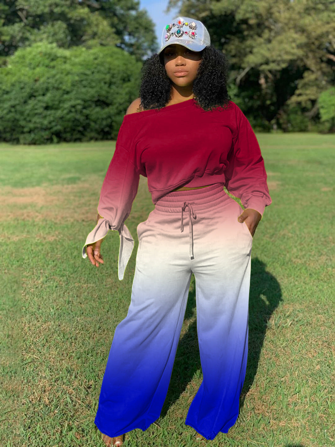 Damen Zweiteiliges Lounge-Set mit Off-Shoulder Crop-Sweatshirt, Bindärmeln und High‑Waist Palazzohose – Élanora