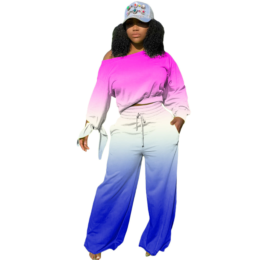 Damen Zweiteiliges Lounge-Set mit Off-Shoulder Crop-Sweatshirt, Bindärmeln und High‑Waist Palazzohose – Élanora