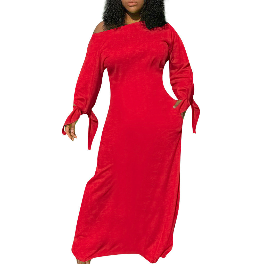 Damen Asymmetrisches Maxikleid mit Ein-Schulter, langen Ärmeln und Bindemanschetten Echoarchiv