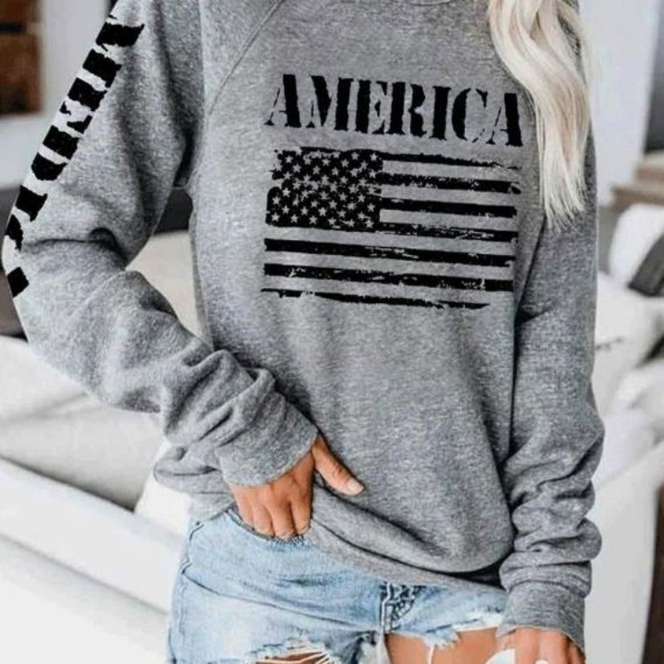 Damen Sweatshirt mit Raglanärmeln und Vintage‑Flaggenprint – Avérine