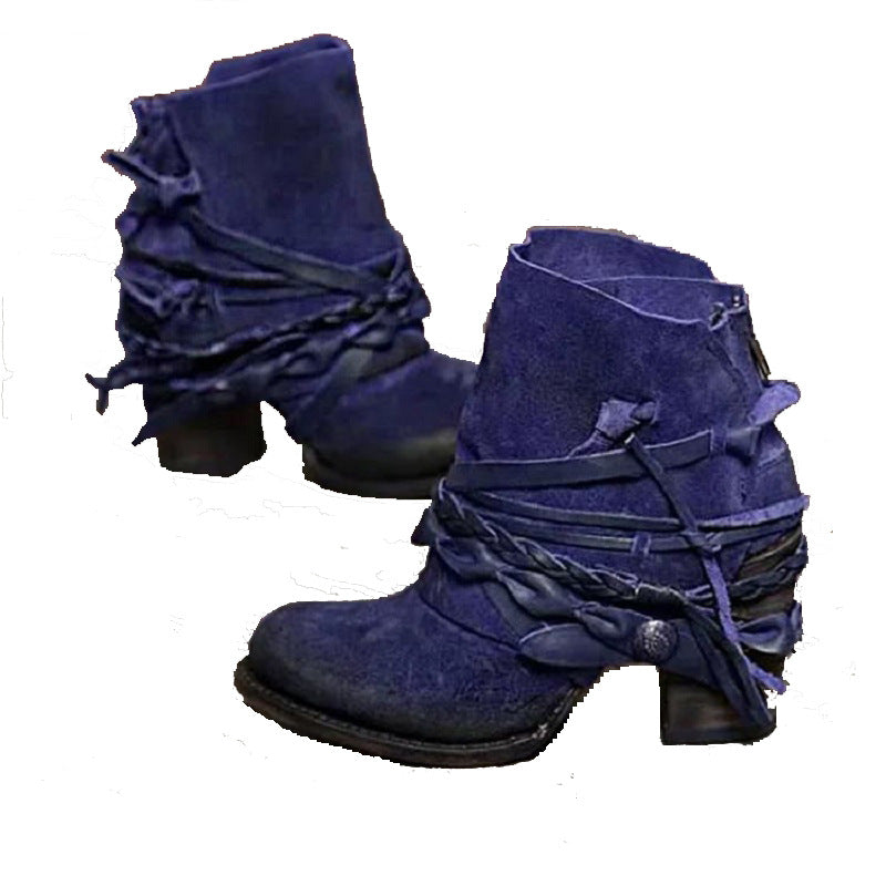 Damen nan Vintage Western-Ankleboots aus Veloursleder mit geflochtenen Riemendetails und praktischem Fersenreißverschluss Echo Archiv
