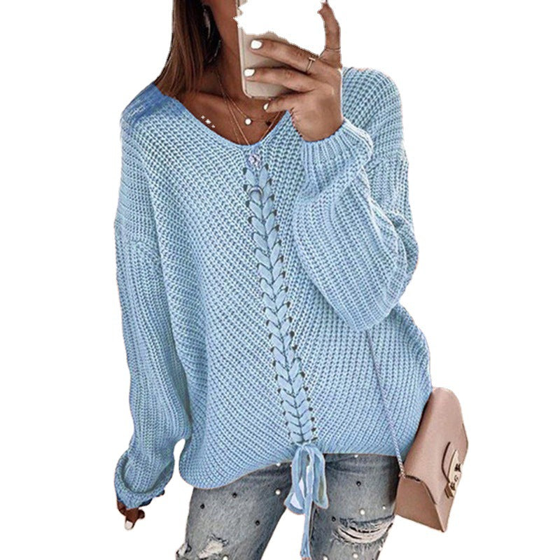 Damen Oversize Strickpullover mit V-Ausschnitt, Zopfstrick und Schnürung Echo Archiv