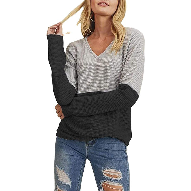Damen Waffelstrick-Pullover mit V-Ausschnitt und Colorblock-Design Echo Archiv