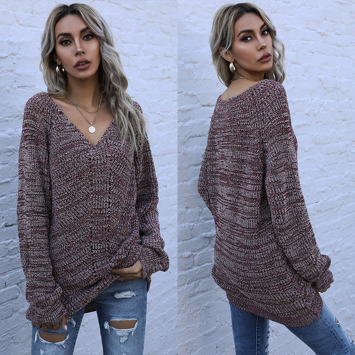 Damen Oversize Melierter V‑Ausschnitt-Feinstrickpullover mit Ballonärmeln & aufgesetzten Taschen Echoarchiv