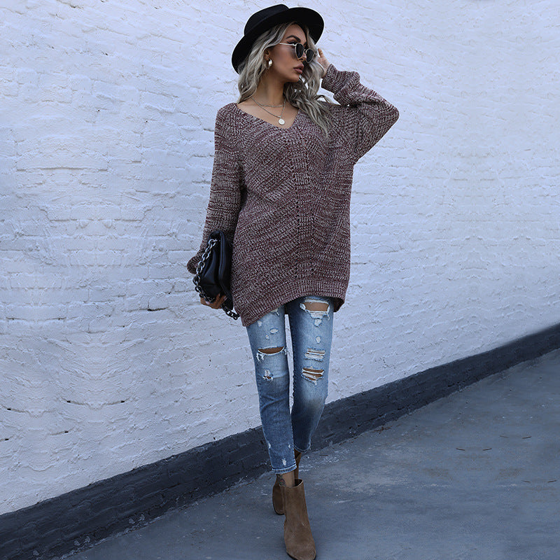 Damen Oversize Melierter V‑Ausschnitt-Feinstrickpullover mit Ballonärmeln & aufgesetzten Taschen Echoarchiv