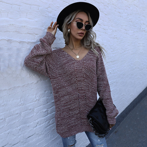 Damen Oversize Melierter V‑Ausschnitt-Feinstrickpullover mit Ballonärmeln & aufgesetzten Taschen Echoarchiv