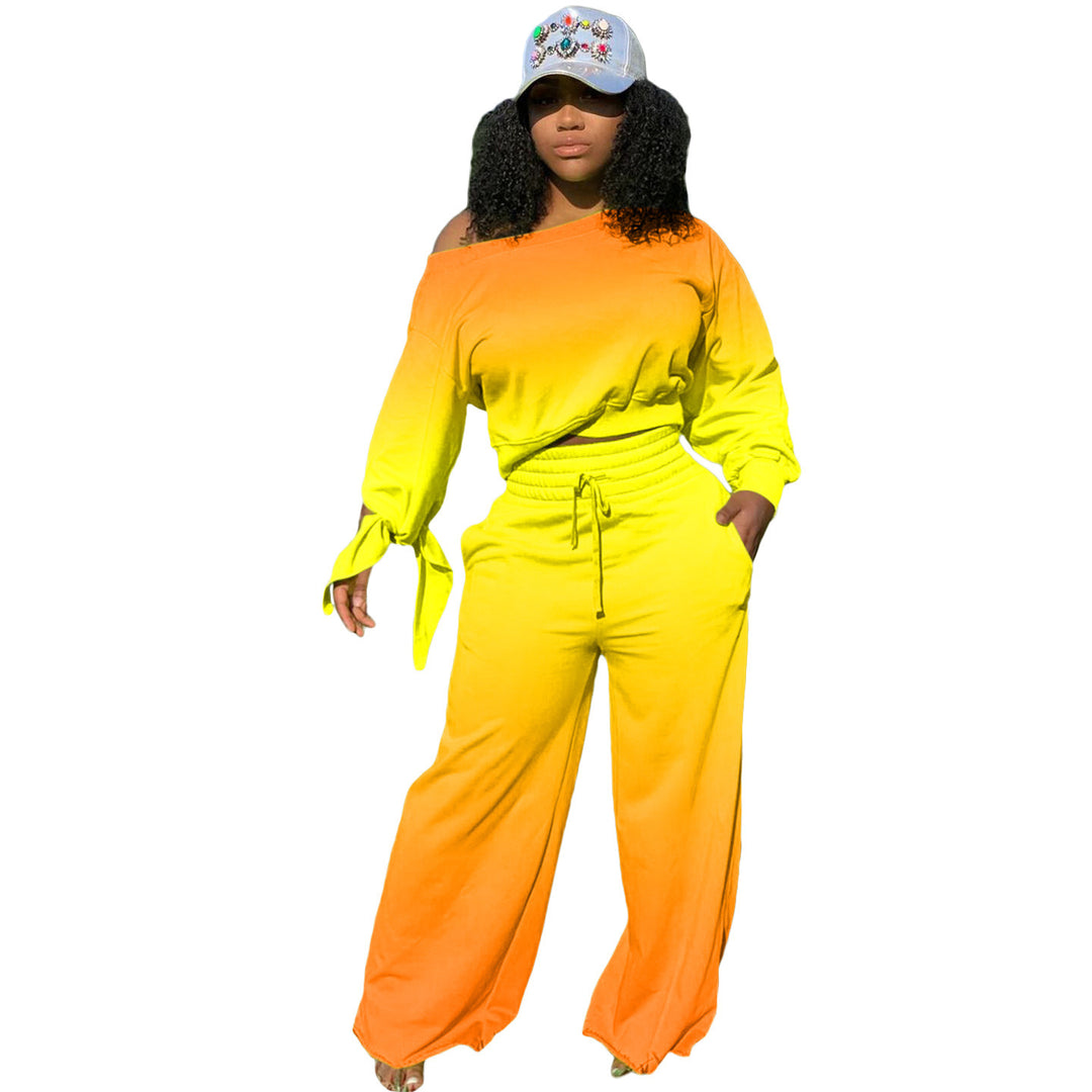 Damen Zweiteiliges Lounge-Set mit Off-Shoulder Crop-Sweatshirt, Bindärmeln und High‑Waist Palazzohose – Élanora