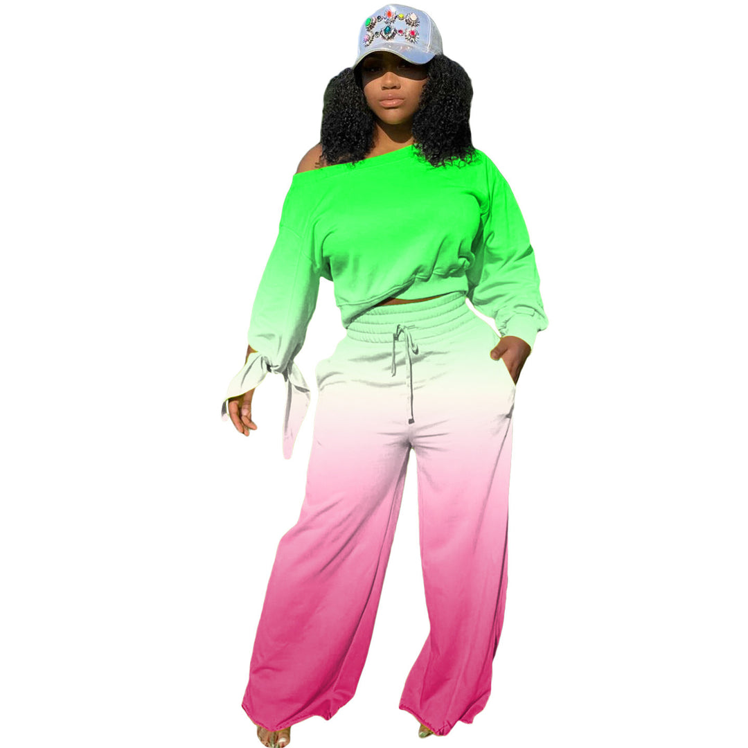 Damen Zweiteiliges Lounge-Set mit Off-Shoulder Crop-Sweatshirt, Bindärmeln und High‑Waist Palazzohose – Élanora