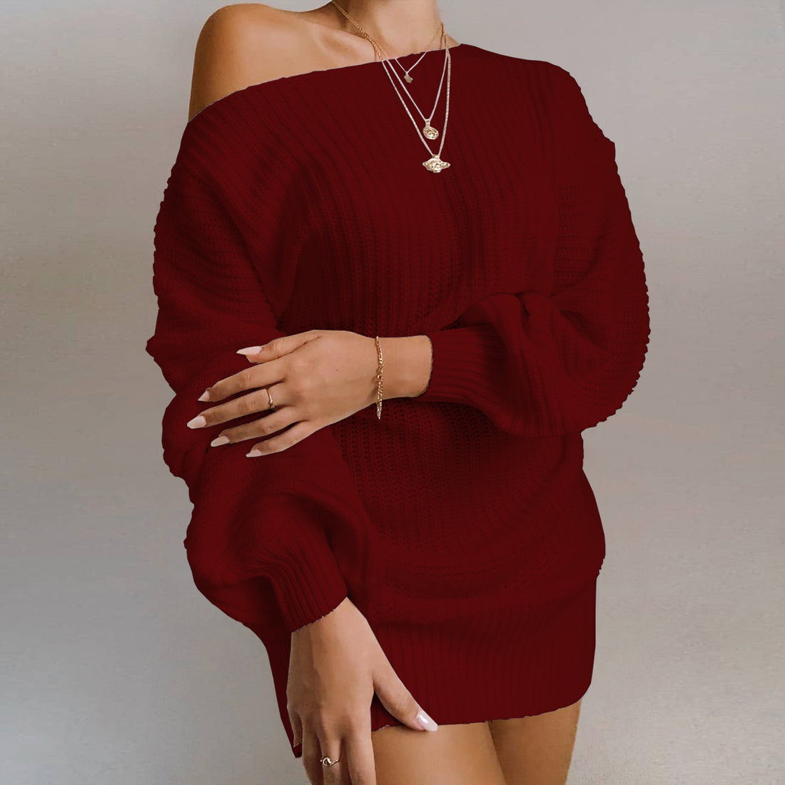 Damen Oversized Grobstrick-Kleid mit U-Boot-Ausschnitt und Ballonärmeln Drune