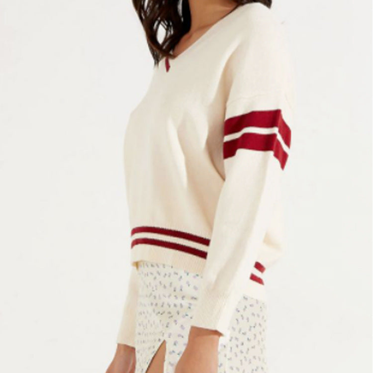 Damen sportlicher V-Ausschnitt Pullover mit Streifen Echo Archiv