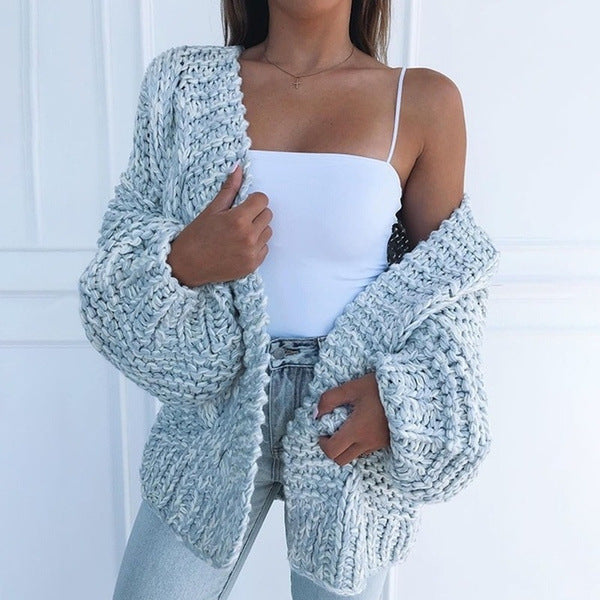 Damen Oversized Grobstrick-Cardigan mit Balloon-Ärmeln und offener Front Echo Archiv