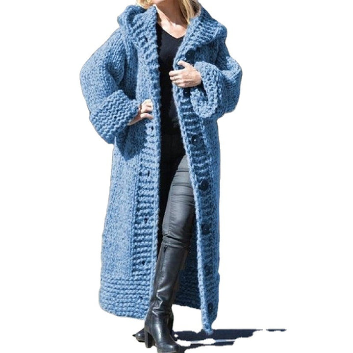 Damen Oversize Grobstrick Maximantel mit Kapuze und Knopfleiste Echo Archiv