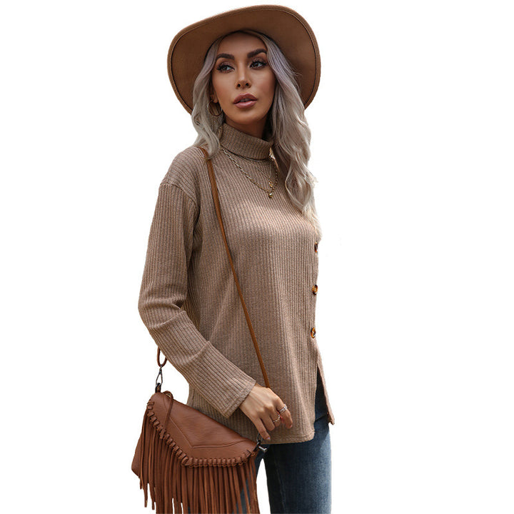 Damen Feinstrick-Rollkragenpullover mit geripptem Strukturstoff und asymmetrischer Knopfleiste Echoarchiv