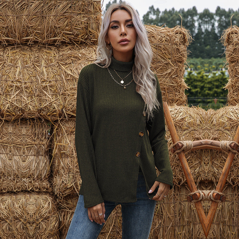 Damen Feinstrick-Rollkragenpullover mit geripptem Strukturstoff und asymmetrischer Knopfleiste Echoarchiv