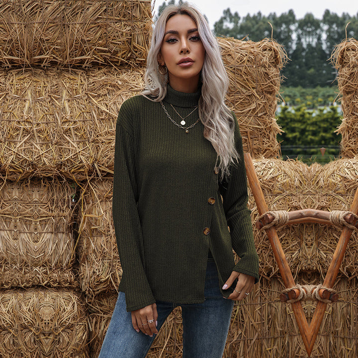 Damen Feinstrick-Rollkragenpullover mit geripptem Strukturstoff und asymmetrischer Knopfleiste Echoarchiv