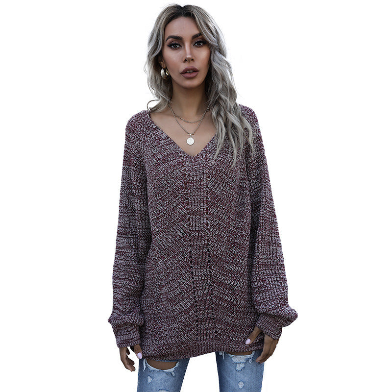 Damen Oversize Melierter V‑Ausschnitt-Feinstrickpullover mit Ballonärmeln & aufgesetzten Taschen Echoarchiv
