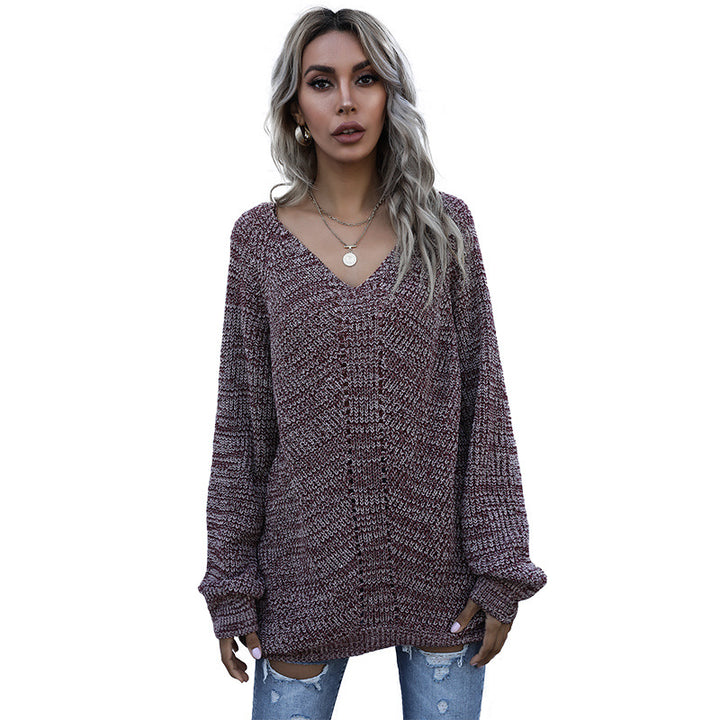 Damen Oversize Melierter V‑Ausschnitt-Feinstrickpullover mit Ballonärmeln & aufgesetzten Taschen Echoarchiv