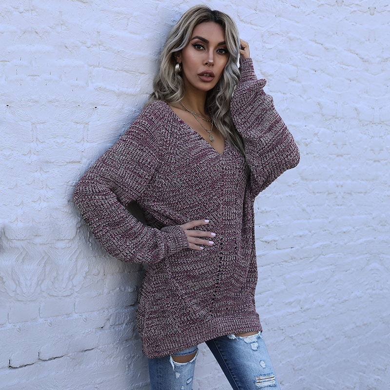 Damen Oversize Melierter V‑Ausschnitt-Feinstrickpullover mit Ballonärmeln & aufgesetzten Taschen Echoarchiv
