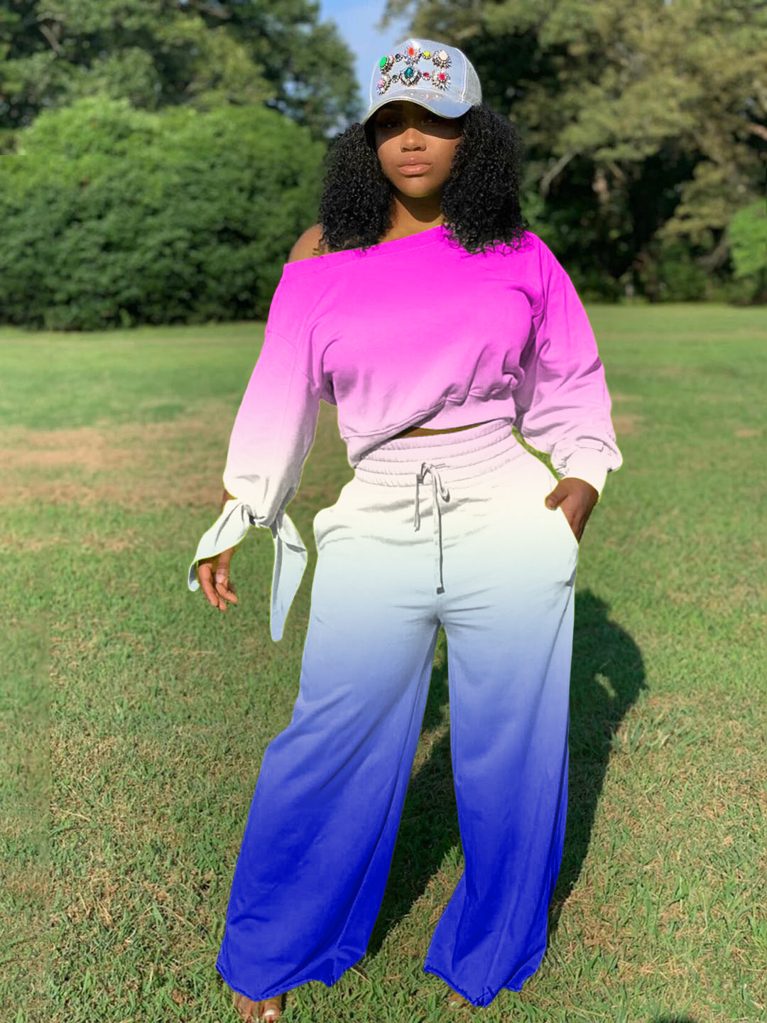 Damen Zweiteiliges Lounge-Set mit Off-Shoulder Crop-Sweatshirt, Bindärmeln und High‑Waist Palazzohose – Élanora