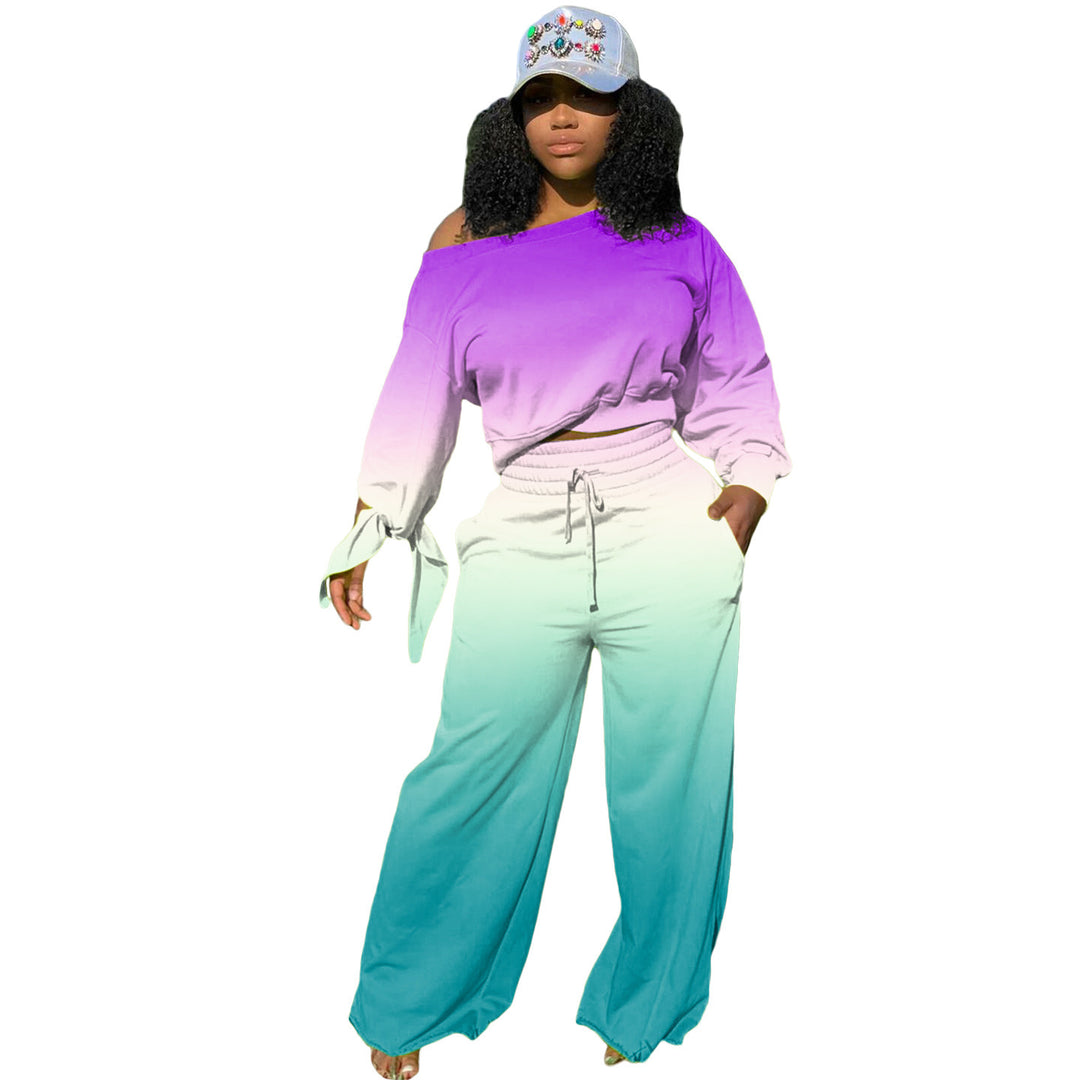 Damen Zweiteiliges Lounge-Set mit Off-Shoulder Crop-Sweatshirt, Bindärmeln und High‑Waist Palazzohose – Élanora