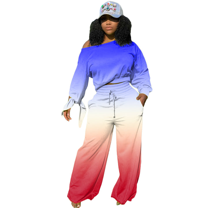 Damen Zweiteiliges Lounge-Set mit Off-Shoulder Crop-Sweatshirt, Bindärmeln und High‑Waist Palazzohose – Élanora