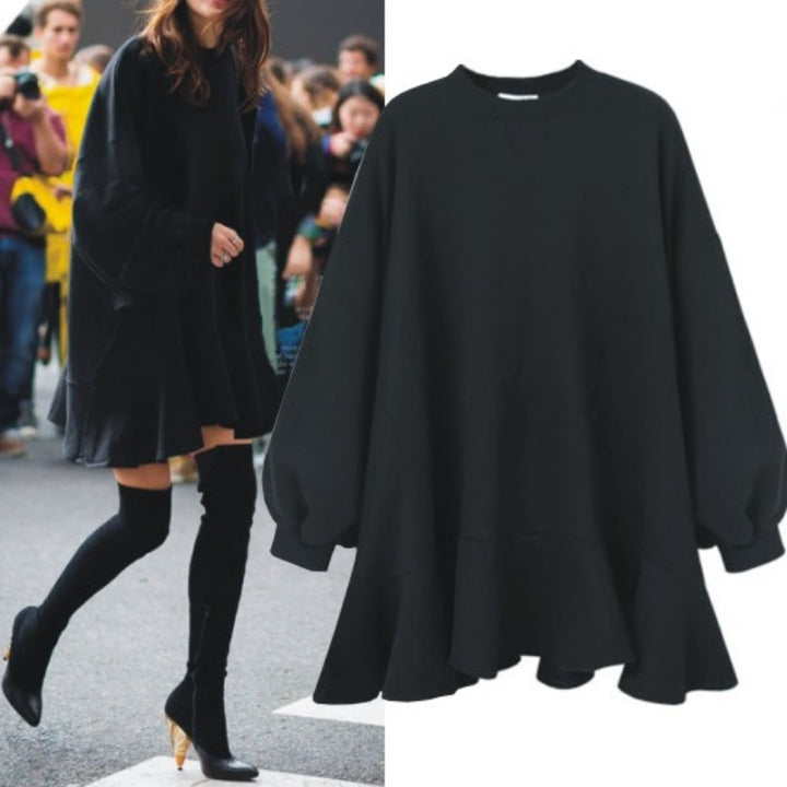 Damen Oversized Sweatshirtkleid mit Volant-Saum und Ballonärmeln – Avérine