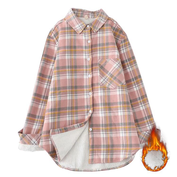 Damen nan karierte Hemdjacke mit Teddyfutter, Brusttasche und abgerundetem Saum Echo Archiv