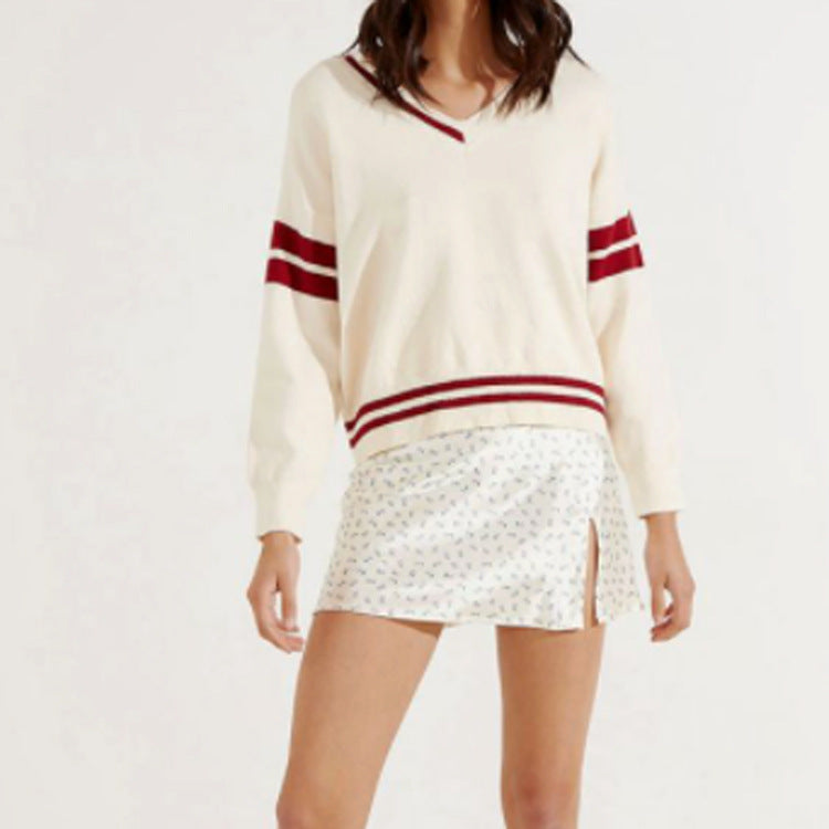 Damen sportlicher V-Ausschnitt Pullover mit Streifen Echo Archiv