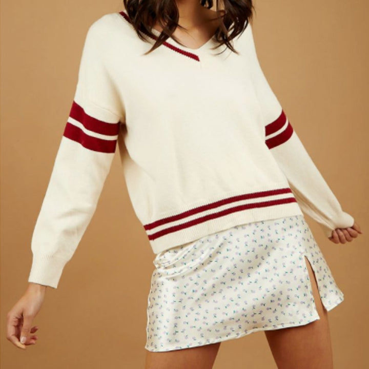 Damen sportlicher V-Ausschnitt Pullover mit Streifen Echo Archiv