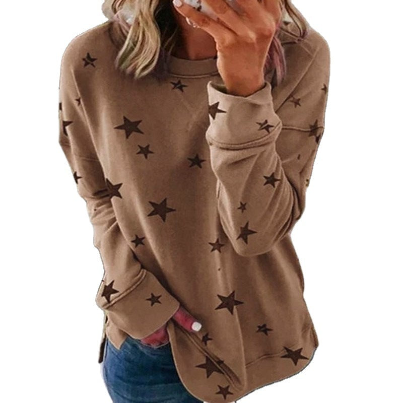 Damen nan locker geschnittenes Sternen-Print Sweatshirt mit Rundhalsausschnitt, verlängertem Rücken und seitlichen Schlitzen Echo Archiv