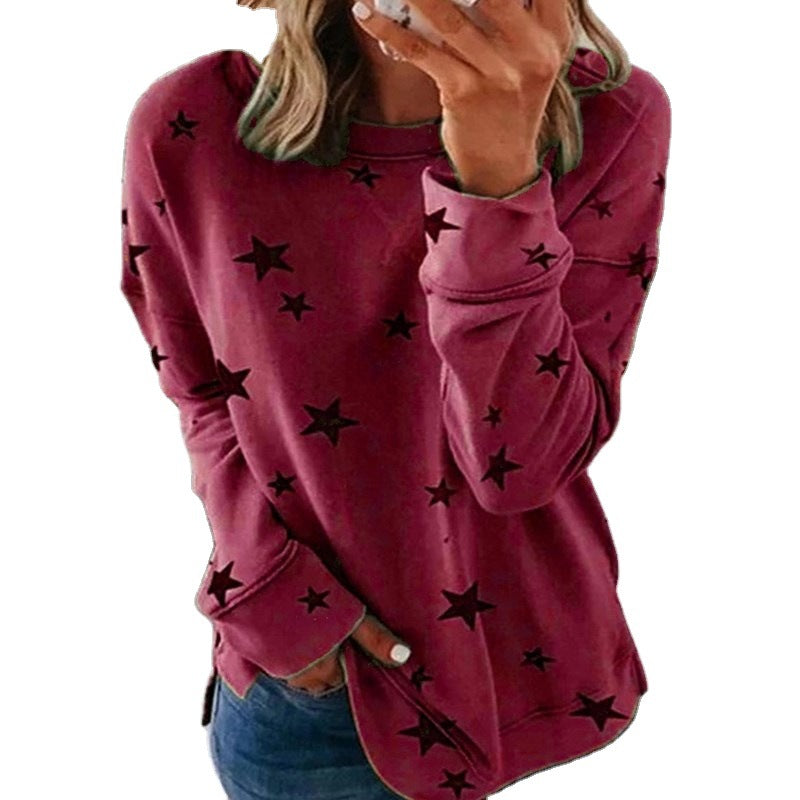 Damen nan locker geschnittenes Sternen-Print Sweatshirt mit Rundhalsausschnitt, verlängertem Rücken und seitlichen Schlitzen Echo Archiv